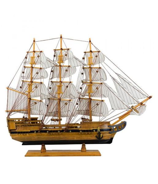 Imagem de Miniatura Barco Navio Veleiro Madeira Base Preto Canhão 47x10x57cm