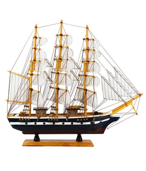 Imagem de Miniatura Barco Navio Veleiro Madeira Casco Azul Base Marrom 44x9x49cm