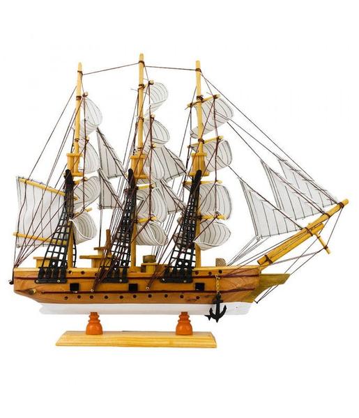 Imagem de Miniatura Barco Navio Veleiro Madeira Linhas Vinho Base Branca 37.5x7x44cm