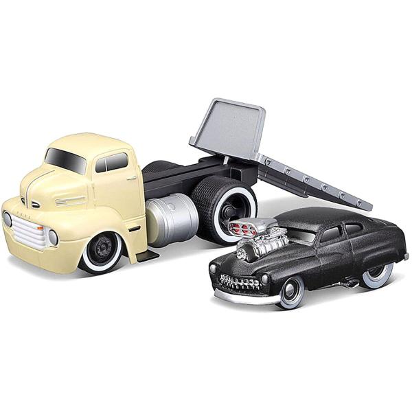 Imagem de Miniatura Reboque Ford Coe Flatbed 1950 Com Mercury 1949 1/64 Maisto 11532