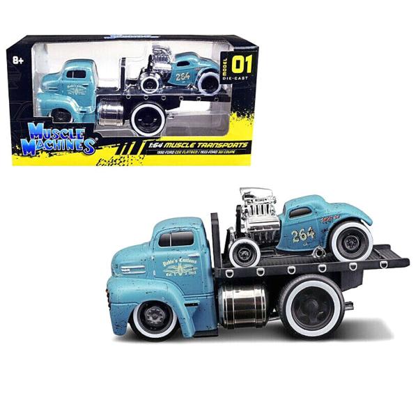 Imagem de Miniatura Reboque Ford Coe Flatbed Com Ford 3W Coupe 1/64 Azul Maisto 11532