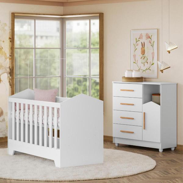 Imagem de MiniCama e Berço com Cômoda Quarto Completo Bebê Branco MDF