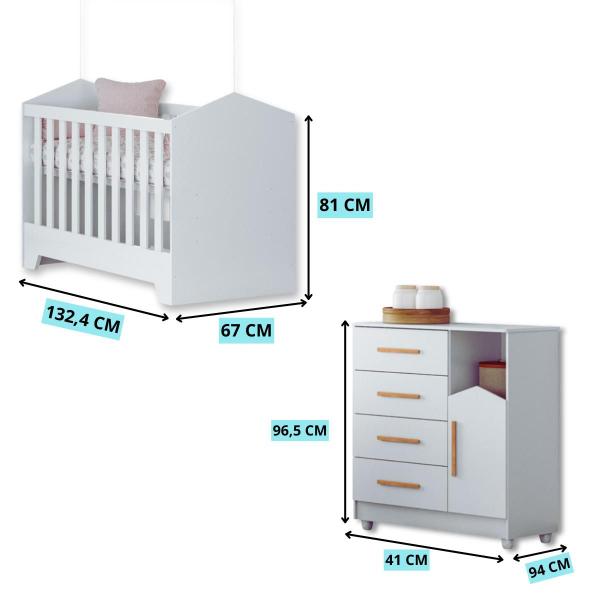 Imagem de MiniCama e Berço com Cômoda Quarto Completo Bebê Branco MDF