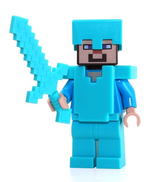 Minifigura LEGO Minecraft Steve com armadura de diamante e espada Imagem de Minifigura LEGO Minecraft Steve com armadura de diamante e espada
