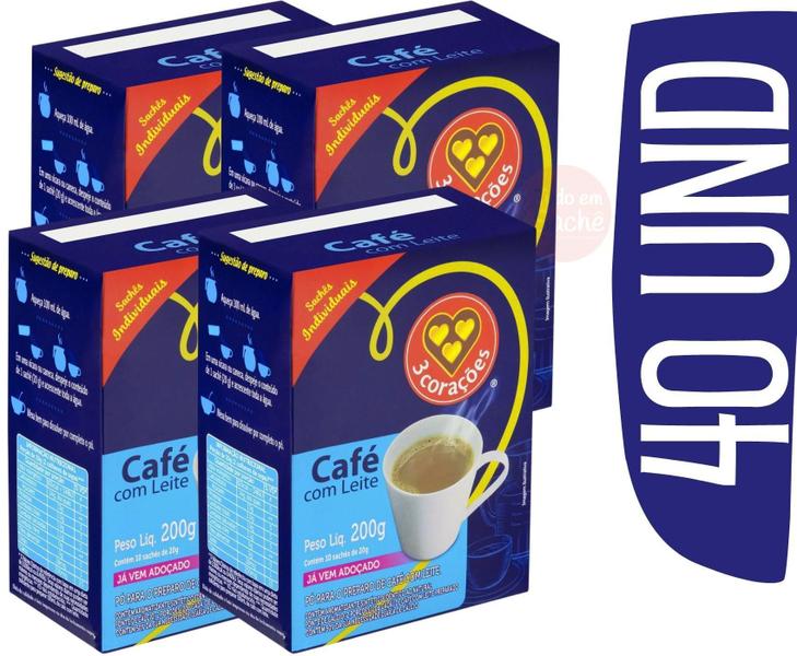 Mistura Café Com Leite 3 Corações Sachê 20G - 40 Und - 3 Coracoes Imagem de Mistura Café Com Leite 3 Corações Sachê 20G - 40 Und