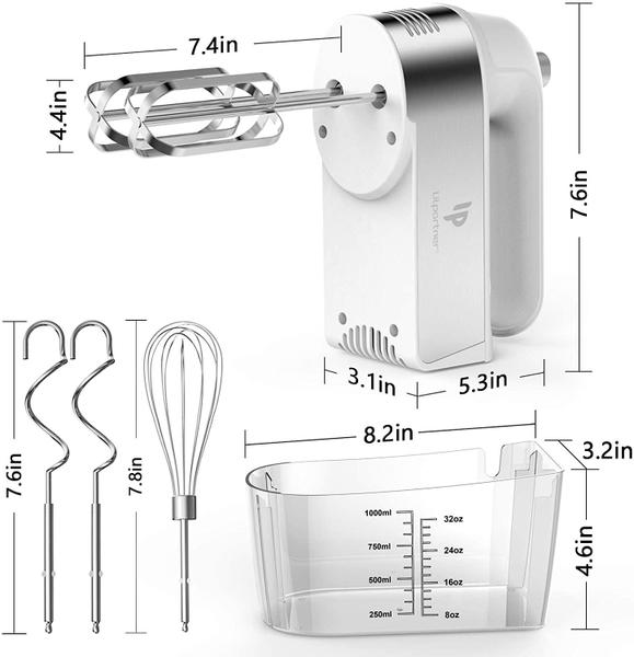 Imagem de Misturador de mão elétrico, misturadores de cozinha de 450W com caixa de armazenamento de copo de escala, turbo boost / velocidade de autocontrole + 5 velocidade + botão de ejetar + 5 acessórios de aço inoxidável, para uma massa fácil de chicotear,