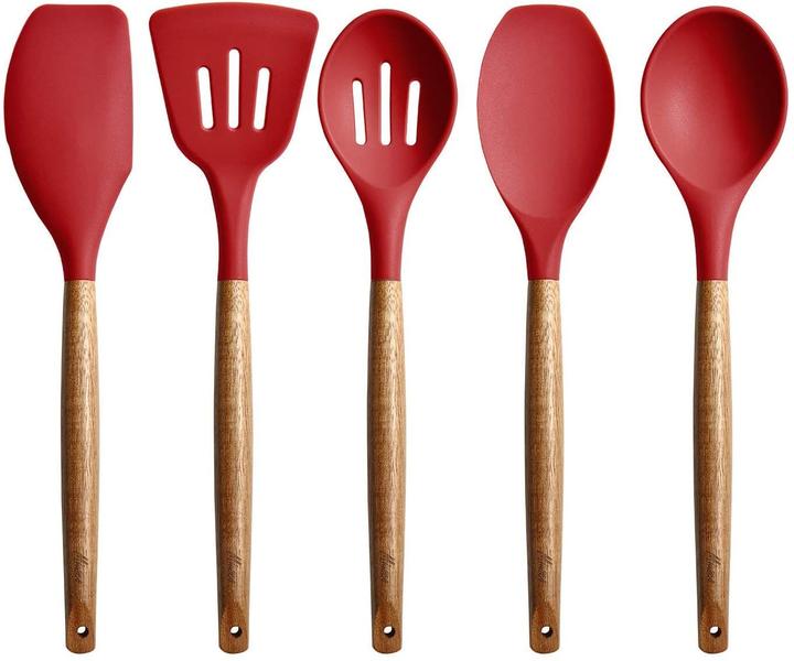 Imagem de Miusco Non-Stick Silicone Kitchen Utensils Set com alça natural de acácia dura madeira, 5 peças, vermelho, bpa livre, assando e servindo utensílios de cozimento de silicone