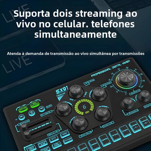 Imagem de Mixer De Áudio 48V SX91 Com Trocador De Voz Para Podcast Telefone Jogos Karaokê Estúdio Placa De Som