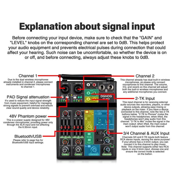 Imagem de Mixer de áudio profissional, mixer de som de 4 canais com microfone sem fio duplo, console de placa de som MP3, Bluetooth, 48V, interface USB Phantom Power, mixagem de DJ para gravação em estúdio de computador, festa de karaokê em casa