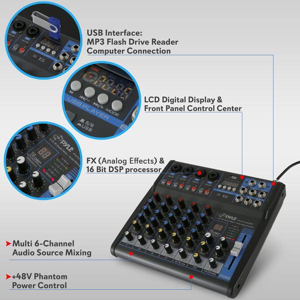 Imagem de Mixer de áudio Pyle PMXU63BT 6 canais USB Bluetooth Preto