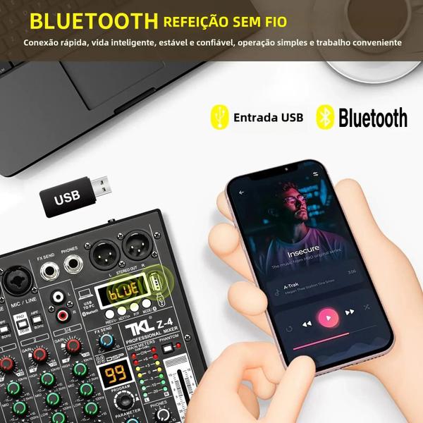 Imagem de Mixer de Áudio USB Bluetooth 4 Canais com Phantom Power 48V e DSP - Console de Mixagem TKL Z-4