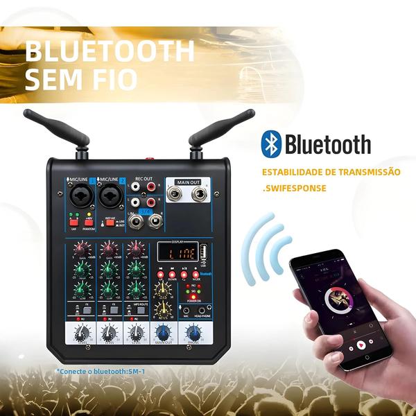 Imagem de Mixer DJ Bluetooth 4 Canais com Microfone UHF Sem Fio - Ideal para Karaokê, Palco e Estúdio