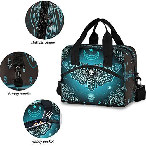 Imagem de MNSRUU Saco de Almoço Isolado Butterfly Skull Mysticism Almoço Tote Recipiente de saco de lanche reutilizável com alça de ombro ajustável