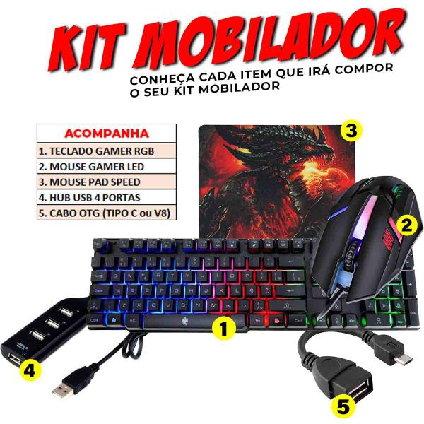 Imagem de Mobilador Completo Kit Gamer Teclado Hawke Evolut iluminado + Mouse Gamer Led + Acessórios