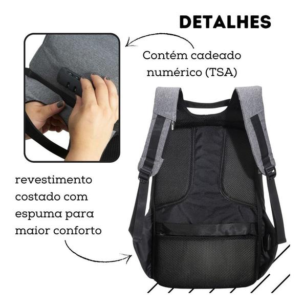 Imagem de Mochila Anti Furto Roubo Notebook Usb Resistente A Água - Cinza