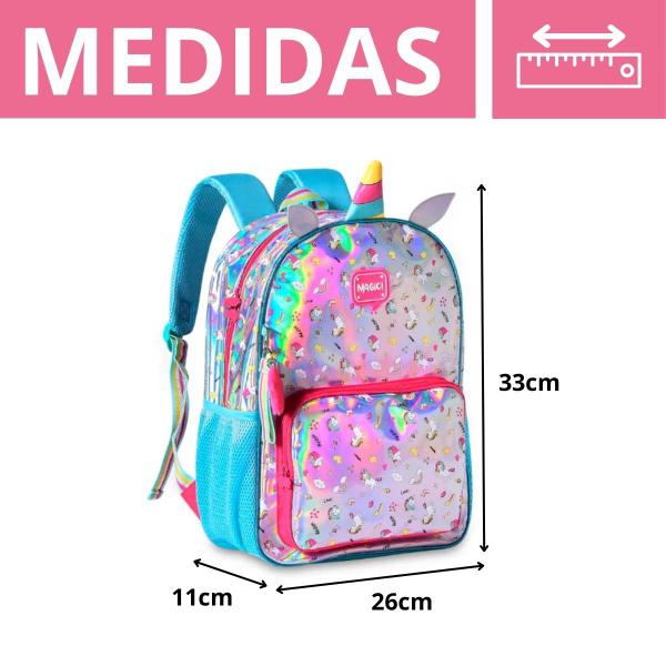 Imagem de Mochila Bolsa De Costas Unicórnio Holográfica 'M' Infantil Escolar C/ Chaveirinho Em Pelúcia - Clio