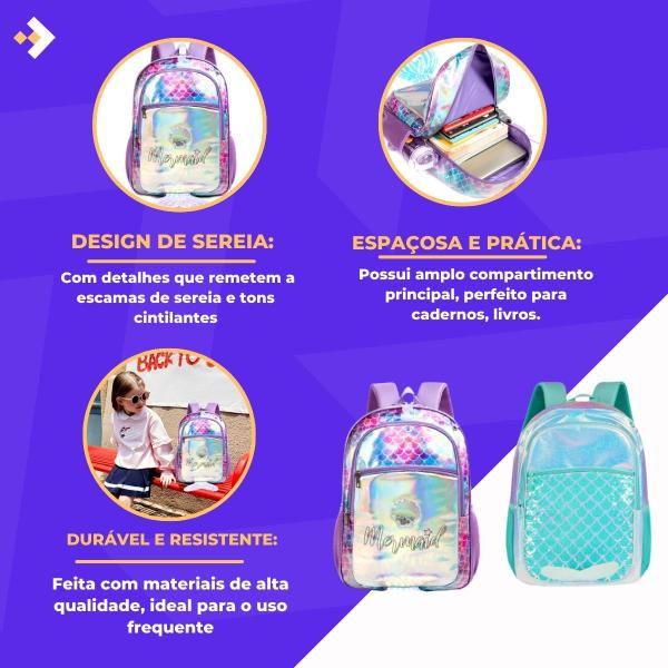 Imagem de Mochila Bolsa Grande Passeio Escolar Infantil Sereia