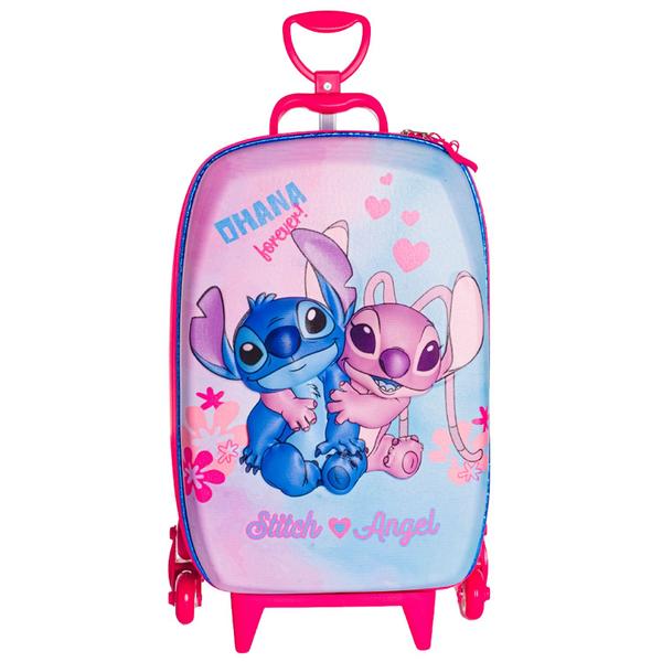 Imagem de Mochila Com Rodinha Tripla Infantil Stitch Angel Escolar 3D Cor Rosa - Diplomata