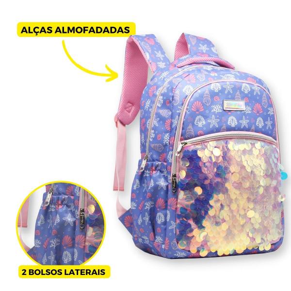 Imagem de Mochila Costas Infantil Sereia Feminina Escolar Grande