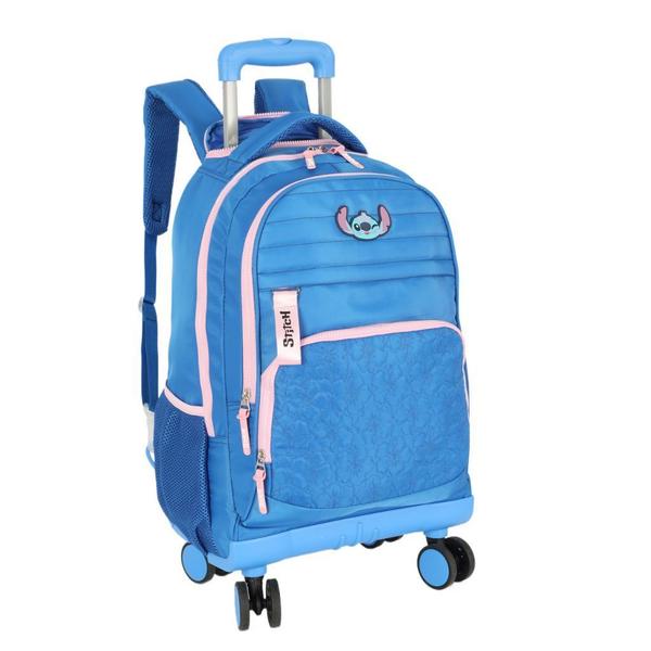 Imagem de Mochila De Carrinho Escolar Infantil Stitch Azul Rodinha 360