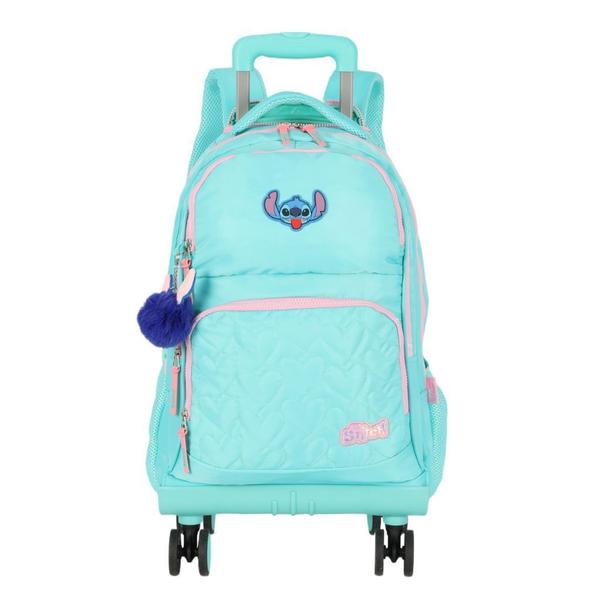 Imagem de Mochila De Carrinho Escolar Infantil Stitch Turquesa Rodinha 360