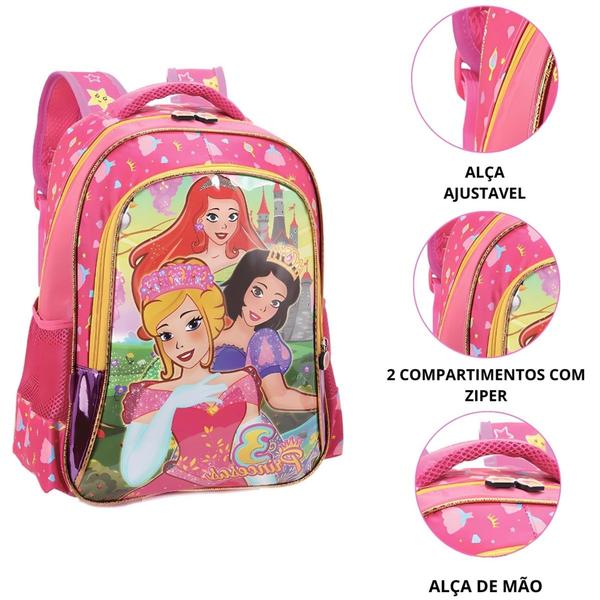 Imagem de Mochila De Costa Escolar Meninas Tamanho Grande 3 Princesas