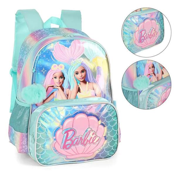 Imagem de Mochila De Costas Escolar Infantil Barbie Sereia Fada Pompom