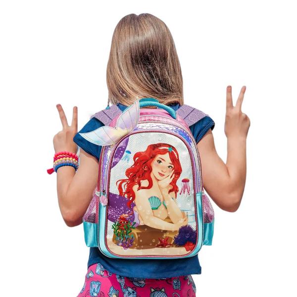 Imagem de Mochila De Costas Escolar Infantil Meninas Sereia Ruiva 3D