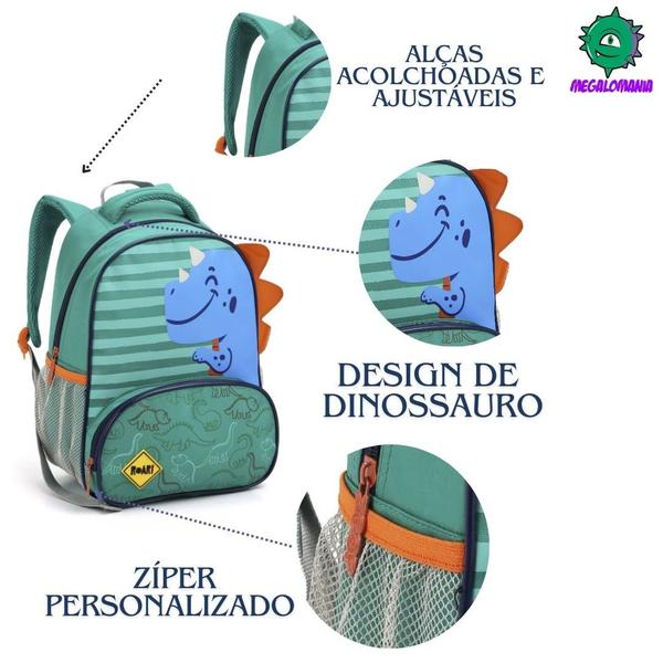 Imagem de Mochila de Costas Infantil Dinossauro Verde e Azul Mala Bolsa Escolar Crianças Seanite