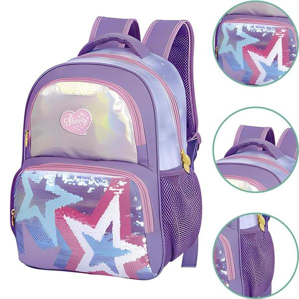 Mochila de Costas Infantil Menina Paetê Grande Porta Garrafas Escolar Bolsa Passeio Feminina - Fuseco Imagem de Mochila de Costas Infantil Menina Paetê Grande Porta Garrafas Escolar Bolsa Passeio Feminina