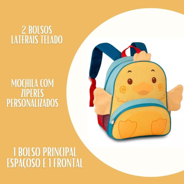 Imagem de Mochila De Costas Pato Patinho Infantil Pets Zoo Oficial C/ 4 Bolsos - Super Resistente - Clio