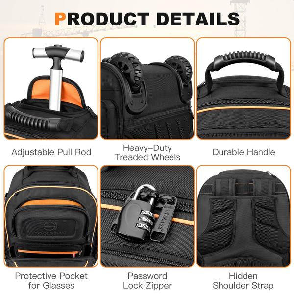 Mochila de ferramentas BUGARORE com roda para eletricista 75 bolsos Imagem de Mochila de ferramentas BUGARORE com roda para eletricista 75 bolsos