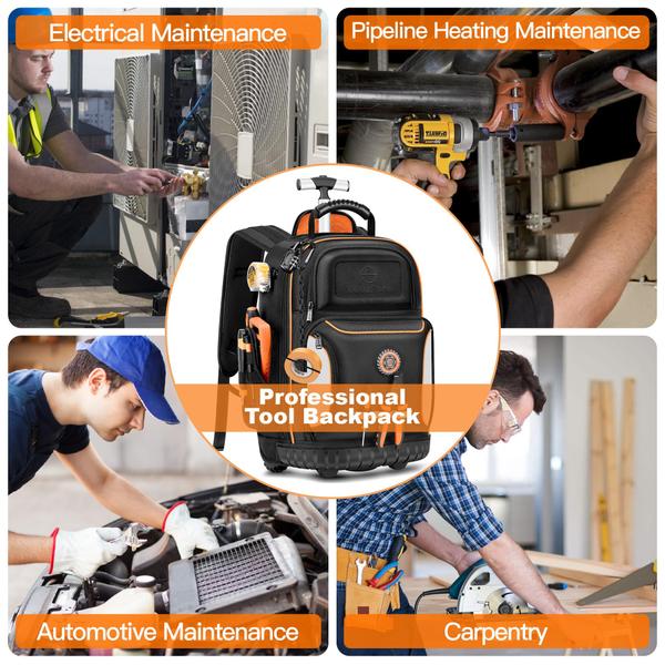 Mochila de ferramentas BUGARORE com roda para eletricista 75 bolsos Imagem de Mochila de ferramentas BUGARORE com roda para eletricista 75 bolsos