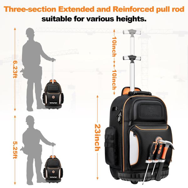 Mochila de ferramentas BUGARORE com roda para eletricista 75 bolsos Imagem de Mochila de ferramentas BUGARORE com roda para eletricista 75 bolsos
