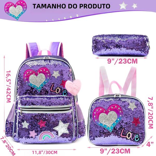 Imagem de Mochila De Lantejoulas Para Meninas De 16 Polegadas Com Lancheira Para Alunos Do Ensino Fundamental