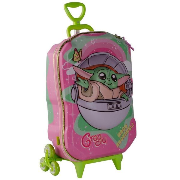 Imagem de Mochila De Rodinhas 3D Maxtoy Star Wars Grogu Rosa Verde