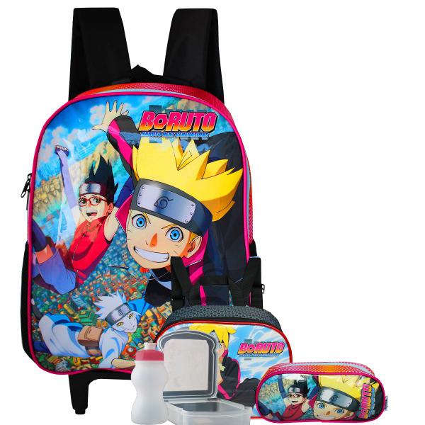 Imagem de Mochila De Rodinhas Boruto + Estojo + Kit Lancheira Naruto Rosa