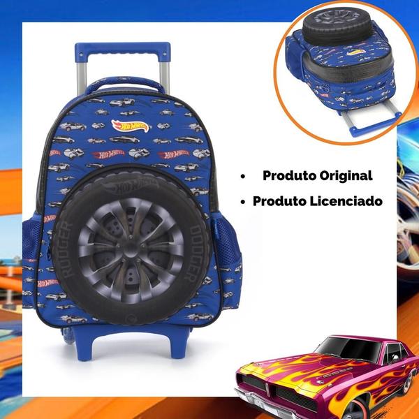 Imagem de Mochila de Rodinhas Escolar 3D Hot Wheels Carrinho Roda Infantil Menino Reforçada Luxcel Azul