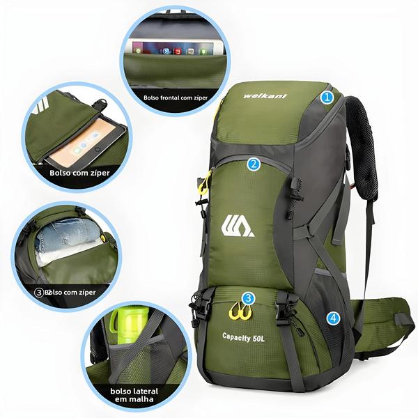 Imagem de Mochila de Viagem à Prova d'Água 50L - Ideal para Homens, Caminhadas, Camping e Esportes