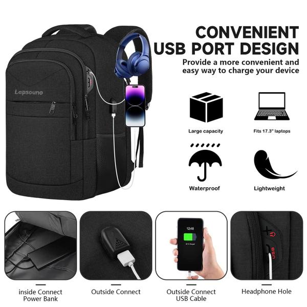 Imagem de Mochila de viagem Lapsouno Large Carry on para laptop de 17 polegadas preta