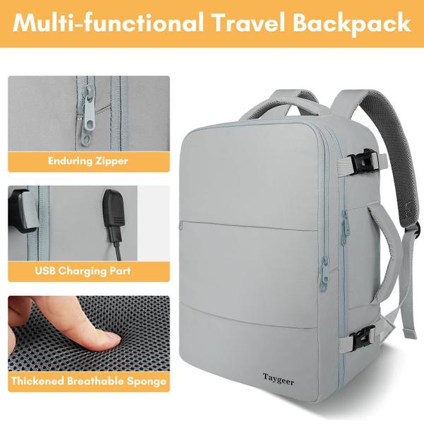 Imagem de Mochila de viagem Taygeer Carry On de 15,6 polegadas com porta USB cinza