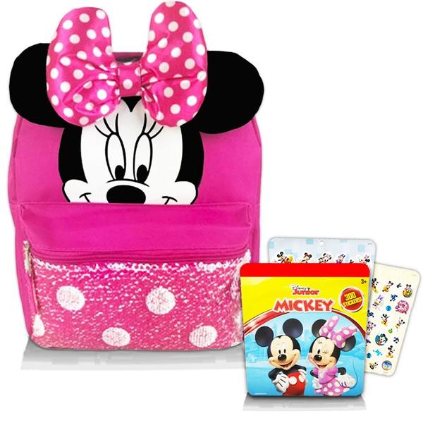 Imagem de Mochila Disney Minnie Mouse para meninas e crianças ~ O pacote inclui mochila infantil infantil Minnie de 30,5 cm com orelhas, laço e lantejoulas reversíveis mágicas e adesivos (material escolar da Minnie Mouse)