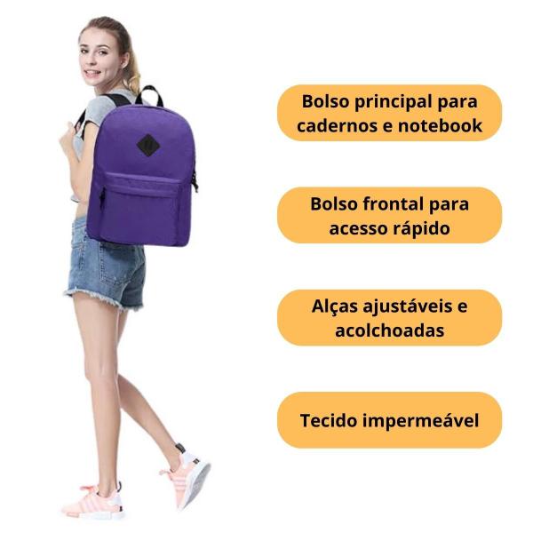 Imagem de Mochila Escolar Bolsa Juvenil Espaçosa Resistente Leve Lisa Alça Costa Ajustável Reforçada Moderna Moda Fashion Média Semi Impermeavel