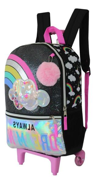 Imagem de Mochila Escolar De Rodas Preta Arco Íris Infantil Feminina