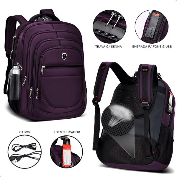 Imagem de Mochila Escolar Executiva Grande Notebook Anti Furto Cabo Fone de Ouvido e USB Porta Garrafa