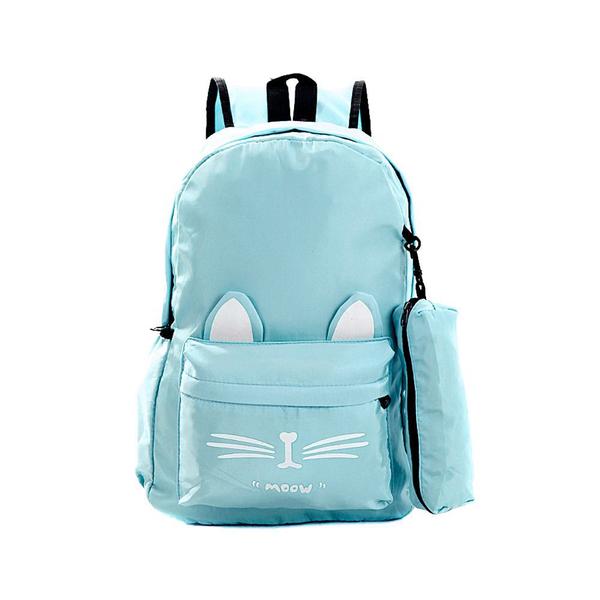 Imagem de Mochila Escolar Feminina Azul Claro de Gatinha Bolsa+Estojo