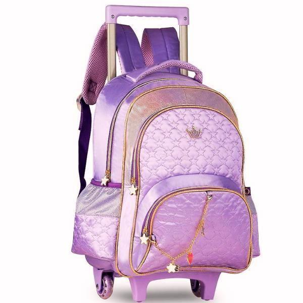 Imagem de Mochila Escolar Feminina Lilás 2 Em 1 Rodinha Alças Tam G