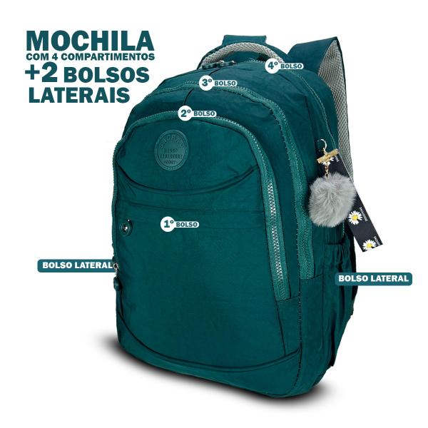 Imagem de Mochila escolar infantil menina Espaçosa + Chaveiro Pom Pom