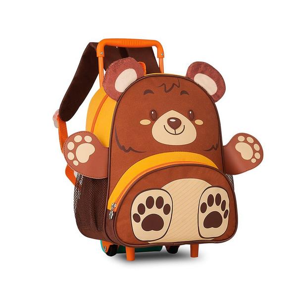 Imagem de Mochila Escolar Infantil Passeio Urso Marrom c/ Rodinhas Bolsos Alças Zíper p/ Bebês Crianças Clio Pets Zoo Bichinhos Animais 3D