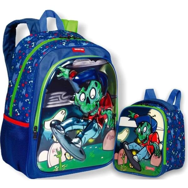 Imagem de Mochila Escolar Infantil Zumbi Monstrinho Costas G Lancheira